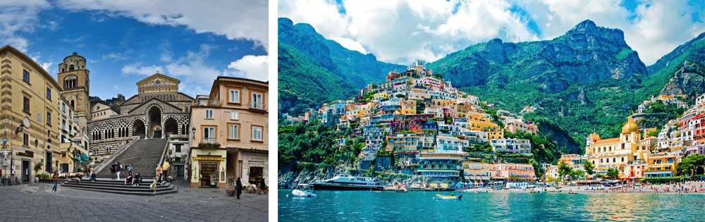 Amalfi Coast – Downtown Amalfi (left) and the colourful village of Positano